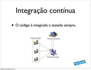 Integração contínua
• O código é integrado e testado sempre.
sábado, 28 de setembro de 13
 