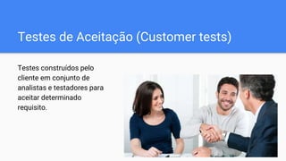Testes de Aceitação (Customer tests)
Testes construídos pelo
cliente em conjunto de
analistas e testadores para
aceitar determinado
requisito.
 
