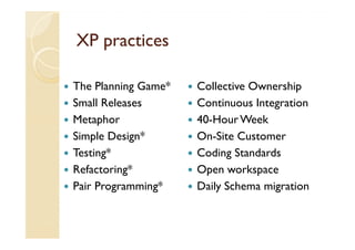 XP practices

The Planning Game*   Collective Ownership
Small Releases       Continuous Integration
Metaphor             40-Hour Week
Simple Design*       On-Site Customer
Testing*             Coding Standards
Refactoring*         Open workspace
Pair Programming*    Daily Schema migration
 