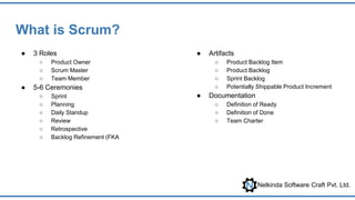 Nelkinda Software Craft Pvt. Ltd.
What is Scrum?
● 3 Roles
○ Product Owner
○ Scrum Master
○ Team Member
● 5-6 Ceremonies
○...