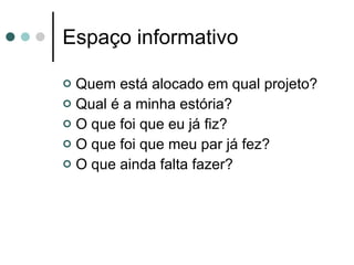 Espaço informativo Quem está alocado em qual projeto? Qual é a minha estória? O que foi que eu já fiz? O que foi que meu par já fez? O que ainda falta fazer? 