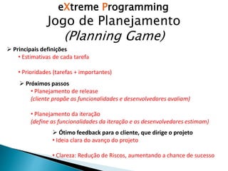eXtreme Programming
Jogo de Planejamento
(Planning Game)
 Principais definições
• Estimativas de cada tarefa
• Prioridades (tarefas + importantes)
 Próximos passos
• Planejamento de release
(cliente propõe as funcionalidades e desenvolvedores avaliam)
• Planejamento da iteração
(define as funcionalidades da iteração e os desenvolvedores estimam)
 Ótimo feedback para o cliente, que dirige o projeto
• Ideia clara do avanço do projeto
• Clareza: Redução de Riscos, aumentando a chance de sucesso
 