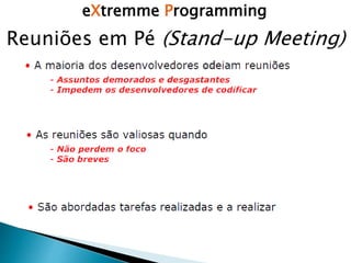 eXtremme Programming
Reuniões em Pé (Stand-up Meeting)
 