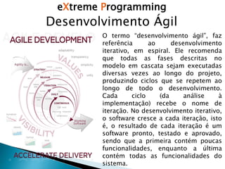 eXtreme Programming
Desenvolvimento Ágil
O termo “desenvolvimento ágil”, faz
referência ao desenvolvimento
iterativo, em espiral. Ele recomenda
que todas as fases descritas no
modelo em cascata sejam executadas
diversas vezes ao longo do projeto,
produzindo ciclos que se repetem ao
longo de todo o desenvolvimento.
Cada ciclo (da análise à
implementação) recebe o nome de
iteração. No desenvolvimento iterativo,
o software cresce a cada iteração, isto
é, o resultado de cada iteração é um
software pronto, testado e aprovado,
sendo que a primeira contém poucas
funcionalidades, enquanto a última
contém todas as funcionalidades do
sistema.
 