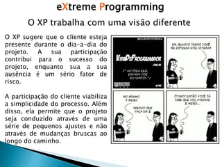 eXtreme Programming
O XP trabalha com uma visão diferente
O XP sugere que o cliente esteja
presente durante o dia-a-dia do
projeto. A sua participação
contribui para o sucesso do
projeto, enquanto sua a sua
ausência é um sério fator de
risco.
A participação do cliente viabiliza
a simplicidade do processo. Além
disso, ela permite que o projeto
seja conduzido através de uma
série de pequenos ajustes e não
através de mudanças bruscas ao
longo do caminho.
 