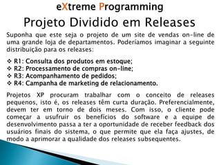eXtreme Programming
Projeto Dividido em Releases
Suponha que este seja o projeto de um site de vendas on-line de
uma grande loja de departamentos. Poderíamos imaginar a seguinte
distribuição para os releases:
 R1: Consulta dos produtos em estoque;
 R2: Processamento de compras on-line;
 R3: Acompanhamento de pedidos;
 R4: Campanha de marketing de relacionamento.
Projetos XP procuram trabalhar com o conceito de releases
pequenos, isto é, os releases têm curta duração. Preferencialmente,
devem ter em torno de dois meses. Com isso, o cliente pode
começar a usufruir os benefícios do software e a equipe de
desenvolvimento passa a ter a oportunidade de receber feedback dos
usuários finais do sistema, o que permite que ela faça ajustes, de
modo a aprimorar a qualidade dos releases subsequentes.
 