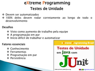 eXtreme Programming
Testes de Unidade
 Devem ser automatizados
 100% deles devem rodar corretamente ao longo de todo o
desenvolvimento
Desafios
 Visto como aumento de trabalho pela equipe
 A programação em par
 Início difícil de trabalhar e automatizar
Fatores essenciais
 Conhecimento
 Ferramentas
 Programação em par
 Persistência
 