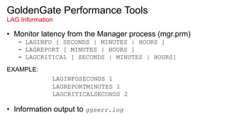 GoldenGate Performance Tools
LAG Information
•  Monitor latency from the Manager process (mgr.prm)
-  LAGINFO [ SECONDS | MINUTES | HOURS ]
-  LAGREPORT [ MINUTES | HOURS ]
-  LAGCRITICAL [ SECONDS | MINUTES | HOURS]
EXAMPLE:
LAGINFOSECONDS 1
LAGREPORTMINUTES 1
LAGCRITICALSECONDS 2
•  Information output to ggserr.log
 