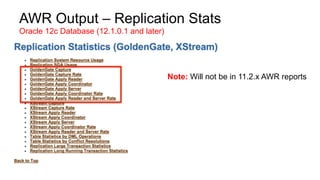 AWR Output – Replication Stats
Oracle 12c Database (12.1.0.1 and later)
Note: Will not be in 11.2.x AWR reports
 