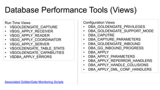 Database Performance Tools (Views)
Run Time Views
•  V$GOLDENGATE_CAPTURE
•  V$GG_APPLY_RECEIVER
•  V$GG_APPLY_READER
•  V$GG_APPLY_COORDINATOR
•  V$GG_APPLY_SERVER
•  V$GOLDENGATE_TABLE_STATS
•  V$GOLDENGATE_CAPABILITIES
•  V$DBA_APPLY_ERRORS
Configuration Views
•  DBA_GOLDENGATE_PRIVILEGES
•  DBA_GOLDENGATE_SUPPORT_MODE
•  DBA_CAPUTRE
•  DBA_CAPTURE_PARAMETERS
•  DBA_GOLDENGATE_INBOUND
•  DBA_GG_INBOUND_PROGRESS
•  DBA_APPLY
•  DBA_APPLY_PARAMETERS
•  DBA_APPLY_REPERROR_HANDLERS
•  DBA_APPLY_HANDLE_COLLISIONS
•  DBA_APPLY_DML_CONF_HANDLERS
Associated GoldenGate Monitoring Scripts
 
