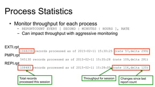 Process Statistics
EXTI.rpt
1068208 records processed as of 2015-02-11 15:30:25 (rate 57,delta 299)
PMPI.rpt
545130 records processed as of 2015-02-11 15:35:28 (rate 109,delta 281)
REPI.rpt
108483 records processed as of 2015-02-11 15:28:05 (rate 116,delta 120)
•  Monitor throughput for each process
-  REPORTCOUNT EVERY [ SECOND | MINUTES | HOURS ], RATE
-  Can impact throughput with aggressive monitoring
Total records
processed this session
Throughput for session Changes since last
report count
 