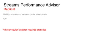 Streams Performance Advisor
Replicat
PL/SQL procedure successfully completed.
SQL>
Advisor couldn’t gather required statistics
 