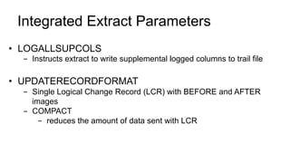Integrated Extract Parameters
•  LOGALLSUPCOLS
-  Instructs extract to write supplemental logged columns to trail file
•  UPDATERECORDFORMAT
-  Single Logical Change Record (LCR) with BEFORE and AFTER
images
-  COMPACT
-  reduces the amount of data sent with LCR
 