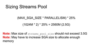 Sizing Streams Pool
(MAX_SGA_SIZE * PARALLELISM) * 25%
(1024M * 2) * 25% = 2560M (2.5G)
Note: Max size of streams_pool_size should not exceed 3.5G
Note: May have to increase SGA size to allocate enough
memory
 