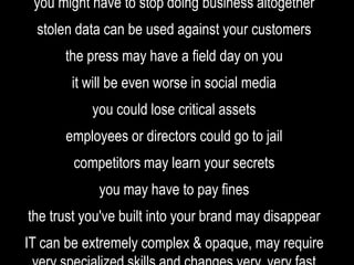you might have to stop doing business altogether
stolen data can be used against your customers
the press may have a field...