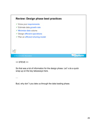 == STEVE ==


So that was a lot of information for the design phase. Let’s do a quick
wrap up on the key takeaways here.


…


Bud, why don’t you take us through the data loading phase.




                                                                          29
 