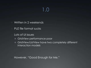 1.0Written in 2 weekendsPUZ file format sucksLots of UI issuesGridView performance poorGridView/ListView have two completely different interaction modelsHowever, “Good Enough for Me.”