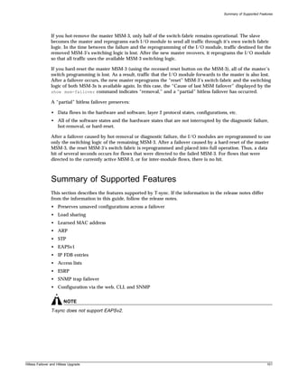 Summary of Supported Features




                If you hot-remove the master MSM-3, only half of the switch fabric remains operational. The slave
                becomes the master and reprograms each I/O module to send all traffic through it’s own switch fabric
                logic. In the time between the failure and the reprogramming of the I/O module, traffic destined for the
                removed MSM-3’s switching logic is lost. After the new master recovers, it reprograms the I/O module
                so that all traffic uses the available MSM-3 switching logic.

                If you hard-reset the master MSM-3 (using the recessed reset button on the MSM-3), all of the master’s
                switch programming is lost. As a result, traffic that the I/O module forwards to the master is also lost.
                After a failover occurs, the new master reprograms the “reset” MSM-3’s switch fabric and the switching
                logic of both MSM-3s is available again. In this case, the “Cause of last MSM failover” displayed by the
                show msm-failover command indicates “removal,” and a “partial” hitless failover has occurred.

                A “partial” hitless failover preserves:

                • Data flows in the hardware and software, layer 2 protocol states, configurations, etc.
                • All of the software states and the hardware states that are not interrupted by the diagnostic failure,
                  hot-removal, or hard-reset.

                After a failover caused by hot-removal or diagnostic failure, the I/O modules are reprogrammed to use
                only the switching logic of the remaining MSM-3. After a failover caused by a hard-reset of the master
                MSM-3, the reset MSM-3’s switch fabric is reprogrammed and placed into full operation. Thus, a data
                hit of several seconds occurs for flows that were directed to the failed MSM-3. For flows that were
                directed to the currently active MSM-3, or for inter-module flows, there is no hit.



                Summary of Supported Features
                This section describes the features supported by T-sync. If the information in the release notes differ
                from the information in this guide, follow the release notes.
                • Preserves unsaved configurations across a failover
                • Load sharing
                • Learned MAC address
                • ARP
                • STP
                • EAPSv1
                • IP FDB entries
                • Access lists
                • ESRP
                • SNMP trap failover
                • Configuration via the web, CLI, and SNMP


                         NOTE
                T-sync does not support EAPSv2.




Hitless Failover and Hitless Upgrade                                                                                        101
 