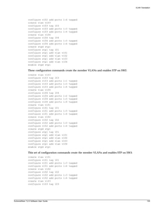 VLAN Translation




               configure v102 add       ports 1:4 tagged
               create vlan v103
               configure v103 tag       103
               configure v103 add       ports 1:3 tagged
               configure v103 add       ports 1:4 tagged
               create vlan v104
               configure v104 tag       104
               configure v104 add       ports 1:3 tagged
               configure v104 add       ports 1:4 tagged
               create stpd stp1
               configure stp1 tag       101
               configure stp1 add       vlan   v101
               configure stp1 add       vlan   v102
               configure stp1 add       vlan   v103
               configure stp1 add       vlan   v104
               enable stpd stp1

               These configuration commands create the member VLANs and enables STP on SW2:
               create vlan v103
               configure v103 tag       103
               configure v103 add       ports 1:1 tagged
               configure v103 add       ports 1:3 tagged
               configure v103 add       ports 1:4 tagged
               create vlan v104
               configure v104 tag       104
               configure v104 add       ports 1:2 tagged
               configure v104 add       ports 1:3 tagged
               configure v104 add       ports 1:4 tagged
               create vlan v101
               configure v101 tag       101
               configure v101 add       ports 1:3 tagged
               configure v101 add       ports 1:4 tagged
               create vlan v102
               configure v102 tag       102
               configure v102 add       ports 1:3 tagged
               configure v102 add       ports 1:4 tagged
               create stpd stp1
               configure stp1 tag       101
               configure stp1 add       vlan   v101
               configure stp1 add       vlan   v102
               configure stp1 add       vlan   v103
               configure stp1 add       vlan   v104
               enable stpd stp1

               This set of configuration commands create the member VLANs and enables STP on SW3:
               create vlan v101
               configure v101 tag       101
               configure v101 add       ports 1:3 tagged
               configure v101 add       ports 1:4 tagged
               create vlan v102
               configure v102 tag       102
               configure v102 add       ports 1:3 tagged
               configure v102 add       ports 1:4 tagged
               create vlan v103
               configure v103 tag       103




ExtremeWare 7.2.0 Software User Guide                                                                           139
 