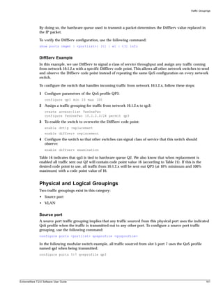 Traffic Groupings




               By doing so, the hardware queue used to transmit a packet determines the DiffServ value replaced in
               the IP packet.

               To verify the DiffServ configuration, use the following command:
               show ports {mgmt | <portlist>} [t1 | e1 | t3] info


               DiffServ Example
               In this example, we use DiffServ to signal a class of service throughput and assign any traffic coming
               from network 10.1.2.x with a specific DiffServ code point. This allows all other network switches to send
               and observe the Diffserv code point instead of repeating the same QoS configuration on every network
               switch.

               To configure the switch that handles incoming traffic from network 10.1.2.x, follow these steps:

               1 Configure parameters of the QoS profile QP3:
                   configure qp3 min 10 max 100
               2 Assign a traffic grouping for traffic from network 10.1.2.x to qp3:
                   create access-list TenOneTwo
                   configure TenOneTwo 10.1.2.0/24 permit qp3
               3 To enable the switch to overwrite the DiffServ code point:
                   enable dot1p replacement
                   enable diffserv replacement
               4 Configure the switch so that other switches can signal class of service that this switch should
                 observe:
                   enable diffserv examination

               Table 16 indicates that qp3 is tied to hardware queue Q2. We also know that when replacement is
               enabled all traffic sent out Q2 will contain code point value 16 (according to Table 21). If this is the
               desired code point to use, all traffic from 10.1.2.x will be sent out QP3 (at 10% minimum and 100%
               maximum) with a code point value of 16.


               Physical and Logical Groupings
               Two traffic groupings exist in this category:
               • Source port
               • VLAN


               Source port
               A source port traffic grouping implies that any traffic sourced from this physical port uses the indicated
               QoS profile when the traffic is transmitted out to any other port. To configure a source port traffic
               grouping, use the following command:
               configure ports <portlist> qosprofile <qosprofile>

               In the following modular switch example, all traffic sourced from slot 5 port 7 uses the QoS profile
               named qp3 when being transmitted.
               configure ports 5:7 qosprofile qp3




ExtremeWare 7.2.0 Software User Guide                                                                                        161
 