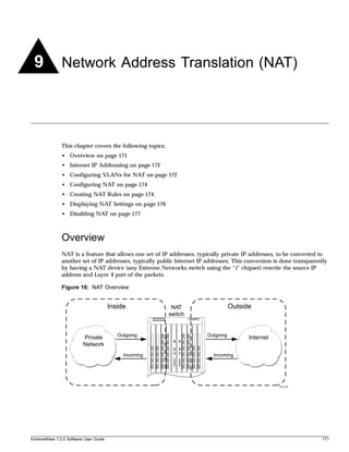 9             Network Address Translation (NAT)




               This chapter covers the following topics:
               • Overview on page 171
               • Internet IP Addressing on page 172
               • Configuring VLANs for NAT on page 172
               • Configuring NAT on page 174
               • Creating NAT Rules on page 174
               • Displaying NAT Settings on page 176
               • Disabling NAT on page 177



               Overview
               NAT is a feature that allows one set of IP addresses, typically private IP addresses, to be converted to
               another set of IP addresses, typically public Internet IP addresses. This conversion is done transparently
               by having a NAT device (any Extreme Networks switch using the “i” chipset) rewrite the source IP
               address and Layer 4 port of the packets.

               Figure 16: NAT Overview


                                        Inside              NAT                     Outside
                                                           switch


                                           Outgoing                      Outgoing
                          Private                                                         Internet
                          Network
                                             Incoming                      Incoming




                                                                                                     EW_078




ExtremeWare 7.2.0 Software User Guide                                                                                  171
 