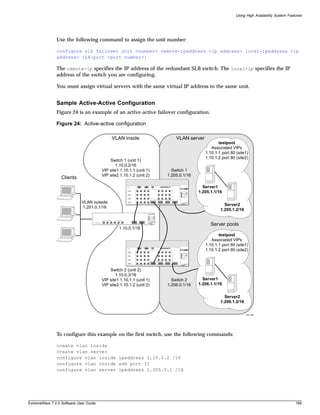 Using High Availability System Features




               Use the following command to assign the unit number:

               configure slb failover unit <number> remote-ipaddress <ip address> local-ipaddress <ip
               address> {L4-port <port number>}

               The remote-ip specifies the IP address of the redundant SLB switch. The local-ip specifies the IP
               address of the switch you are configuring.

               You must assign virtual servers with the same virtual IP address to the same unit.


               Sample Active-Active Configuration
               Figure 24 is an example of an active-active failover configuration.

               Figure 24: Active-active configuration

                                             VLAN inside                  VLAN server
                                                                                               testpool
                                                                                           Associated VIPs
                                                                                        1.10.1.1 port 80 (site1)
                                                                                        1.10.1.2 port 80 (site2)
                                            Switch 1 (unit 1)
                                               1.10.0.2/16
                                        VIP site1 1.10.1.1 (unit 1)     Switch 1
                                        VIP site2 1.10.1.2 (unit 2)   1.205.0.1/16
                  Clients
                                                                                       Server1
                                                                                     1.205.1.1/16

                             VLAN outside
                                                                                                  Server2
                             1.201.0.1/16
                                                                                                1.205.1.2/16


                                                                                           Server pools
                                                 1.10.0.1/16
                                                                                               testpool
                                                                                           Associated VIPs
                                                                                        1.10.1.1 port 80 (site1)
                                                                                        1.10.1.2 port 80 (site2)



                                            Switch 2 (unit 2)
                                               1.10.0.3/16
                                        VIP site1 1.10.1.1 (unit 1)     Switch 2       Server1
                                        VIP site2 1.10.1.2 (unit 2)   1.206.0.1/16   1.206.1.1/16


                                                                                                  Server2
                                                                                                1.206.1.2/16

                                                                                                               EW_050




               To configure this example on the first switch, use the following commands:

               create vlan inside
               create vlan server
               configure vlan inside ipaddress 1.10.0.2 /16
               configure vlan inside add port 31
               configure vlan server ipaddress 1.205.0.1 /16




ExtremeWare 7.2.0 Software User Guide                                                                                                       199
 