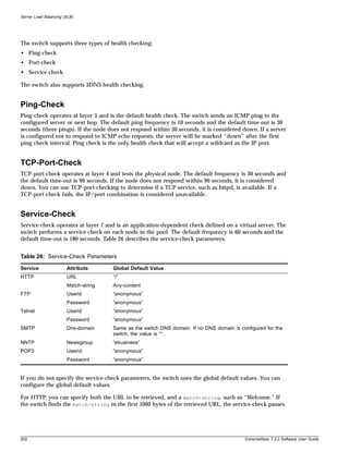 Server Load Balancing (SLB)




The switch supports three types of health checking:
• Ping-check
• Port-check
• Service-check

The switch also supports 3DNS health checking.


Ping-Check
Ping-check operates at layer 3 and is the default health check. The switch sends an ICMP ping to the
configured server or next hop. The default ping frequency is 10 seconds and the default time-out is 30
seconds (three pings). If the node does not respond within 30 seconds, it is considered down. If a server
is configured not to respond to ICMP echo requests, the server will be marked “down” after the first
ping check interval. Ping check is the only health check that will accept a wildcard as the IP port.


TCP-Port-Check
TCP-port-check operates at layer 4 and tests the physical node. The default frequency is 30 seconds and
the default time-out is 90 seconds. If the node does not respond within 90 seconds, it is considered
down. You can use TCP-port-checking to determine if a TCP service, such as httpd, is available. If a
TCP-port-check fails, the IP/port combination is considered unavailable.


Service-Check
Service-check operates at layer 7 and is an application-dependent check defined on a virtual server. The
switch performs a service-check on each node in the pool. The default frequency is 60 seconds and the
default time-out is 180 seconds. Table 26 describes the service-check parameters.


Table 26: Service-Check Parameters

Service                Attribute      Global Default Value
HTTP                   URL            “/”
                       Match-string   Any-content
FTP                    Userid         “anonymous”
                       Password       “anonymous”
Telnet                 Userid         “anonymous”
                       Password       “anonymous”
SMTP                   Dns-domain     Same as the switch DNS domain. If no DNS domain is configured for the
                                      switch, the value is ““.
NNTP                   Newsgroup      “ebusiness”
POP3                   Userid         “anonymous”
                       Password       “anonymous”


If you do not specify the service-check parameters, the switch uses the global default values. You can
configure the global default values.

For HTTP, you can specify both the URL to be retrieved, and a match-string, such as “Welcome.” If
the switch finds the match-string in the first 1000 bytes of the retrieved URL, the service-check passes.




202                                                                                        ExtremeWare 7.2.0 Software User Guide
 