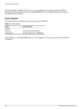 Status Monitoring and Statistics




By default, RMON is disabled. However, even in the disabled state, the switch responds to RMON
queries and sets for alarms and events. By enabling RMON, the switch begins the processes necessary
for collecting switch statistics.


Event Actions
The actions that you can define for each alarm are shown in Table 34.

Table 34: Event Actions

Action                             High Threshold
No action
Notify only                        Send trap to all trap receivers.
Notify and log                     Send trap; place entry in RMON log.


To be notified of events using SNMP traps, you must configure one or more trap receivers, as described
in Chapter 3.




244                                                                                   ExtremeWare 7.2.0 Software User Guide
 