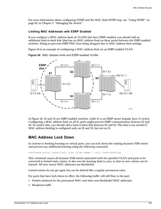 MAC Address Security




               For more information about configuring SNMP and the MAC limit SNMP trap, see “Using SNMP” on
               page 63, in Chapter 3, “Managing the Switch”.


               Limiting MAC Addresses with ESRP Enabled
               If you configure a MAC address limit on VLANS that have ESRP enabled, you should add an
               additional back-to-back link (that has no MAC address limit on these ports) between the ESRP-enabled
               switches. Doing so prevents ESRP PDU from being dropped due to MAC address limit settings.

               Figure 34 is an example of configuring a MAC address limit on an ESRP-enabled VLAN.

               Figure 34: MAC address limits and ESRP-enabled VLANs


                          ESRP               10.1.2.1                  20.1.1.1
                          vlan
                                                        S2                        20.1.2.2
                                        S1
                                                                                             192.10.1.1
                                                                          S4

                                              10.1.2.2



                 10.1.2.100                                                       30.1.1.2      192.10.1.100
                                                        S3
                                             10.1.2.1                  30.1.1.1


                                                                                                          EW_081




               In Figure 34, S2 and S3 are ESRP-enabled switches, while S1 is an ESRP-aware (regular layer 2) switch.
               Configuring a MAC address limit on all S1 ports might prevent ESRP communication between S2 and
               S3. To resolve this, you should add a back-to-back link between S2 and S3. This link is not needed if
               MAC address limiting is configured only on S2 and S3, but not on S1.


               MAC Address Lock Down
               In contrast to limiting learning on virtual ports, you can lock down the existing dynamic FDB entries
               and prevent any additional learning using the following command:

               configure ports [<portlist> vlan <vlan name> | all] lock-learning

               This command causes all dynamic FDB entries associated with the specified VLAN and ports to be
               converted to locked static entries. It also sets the learning limit to zero, so that no new entries can be
               learned. All new source MAC addresses are blackholed.

               Locked entries do not get aged, but can be deleted like a regular permanent entry.

               For ports that have lock-down in effect, the following traffic will still flow to the port:
               • Packets destined for the permanent MAC and other non-blackholed MAC addresses
               • Broadcast traffic




ExtremeWare 7.2.0 Software User Guide                                                                                              255
 