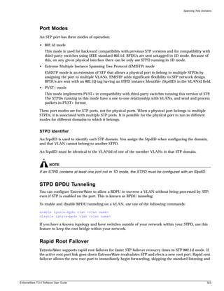 Spanning Tree Domains




               Port Modes
               An STP port has three modes of operation:

               • 802.1d mode
                   This mode is used for backward compatibility with previous STP versions and for compatibility with
                   third-party switches using IEEE standard 802.1d. BPDUs are sent untagged in 1D mode. Because of
                   this, on any given physical interface there can be only one STPD running in 1D mode.
               • Extreme Multiple Instance Spanning Tree Protocol (EMISTP) mode
                   EMISTP mode is an extension of STP that allows a physical port to belong to multiple STPDs by
                   assigning the port to multiple VLANs. EMISTP adds significant flexibility to STP network design.
                   BPDUs are sent with an 802.1Q tag having an STPD instance Identifier (StpdID) in the VLANid field.
               • PVST+ mode
                   This mode implements PVST+ in compatibility with third-party switches running this version of STP.
                   The STPDs running in this mode have a one-to-one relationship with VLANs, and send and process
                   packets in PVST+ format.

               These port modes are for STP ports, not for physical ports. When a physical port belongs to multiple
               STPDs, it is associated with multiple STP ports. It is possible for the physical port to run in different
               modes for different domains to which it belongs.


               STPD Identifier
               An StpdID is used to identify each STP domain. You assign the StpdID when configuring the domain,
               and that VLAN cannot belong to another STPD.

               An StpdID must be identical to the VLANid of one of the member VLANs in that STP domain.


                       NOTE
               If an STPD contains at least one port not in 1D mode, the STPD must be configured with an StpdID.


               STPD BPDU Tunneling
               You can configure ExtremeWare to allow a BDPU to traverse a VLAN without being processed by STP,
               even if STP is enabled on the port. This is known as BPDU tunneling.

               To enable and disable BPDU tunneling on a VLAN, use one of the following commands:

               enable ignore-bpdu vlan <vlan name>
               disable ignore-bpdu vlan <vlan name>

               If you have a known topology and have switches outside of your network within your STPD, use this
               feature to keep the root bridge within your network.


               Rapid Root Failover
               ExtremeWare supports rapid root failover for faster STP failover recovery times in STP 802.1d mode. If
               the active root port link goes down ExtremeWare recalculates STP and elects a new root port. Rapid root
               failover allows the new root port to immediately begin forwarding, skipping the standard listening and




ExtremeWare 7.2.0 Software User Guide                                                                                      323
 