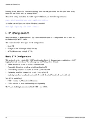 Spanning Tree Protocol (STP)




learning phases. Rapid root failover occurs only when the link goes down, and not when there is any
other root port failure, such as missing BPDUs.

The default setting is disabled. To enable rapid root failover, use the following command:

enable stpd <spanning tree name> rapid-root-failover

To display the configuration, use the following command:

show stpd {<spanning tree name> | detail}



STP Configurations
When you assign VLANs to an STPD, pay careful attention to the STP configuration and its effect on
the forwarding of VLAN traffic.

This section describes three types of STP configurations:

• Basic STP
• Multiple STPDs on a single port (EMISTP)
• A VLAN that spans multiple STPDs


Basic STP Configuration
This section describes a basic, 802.1D STP configuration. Figure 51 illustrates a network that uses VLAN
tagging for trunk connections. The following four VLANs have been defined:
• Sales is defined on switch A, switch B, and switch M.
• Personnel is defined on switch A, switch B, and switch M.
• Manufacturing is defined on switch Y, switch Z, and switch M.
• Engineering is defined on switch Y, switch Z, and switch M.
• Marketing is defined on all switches (switch A, switch B, switch Y, switch Z, and switch M).

Two STPDs are defined:
• STPD1 contains VLANs Sales and Personnel.
• STPD2 contains VLANs Manufacturing and Engineering.

The VLAN Marketing is a member of both STPD1 and STPD2.




324                                                                                     ExtremeWare 7.2.0 Software User Guide
 