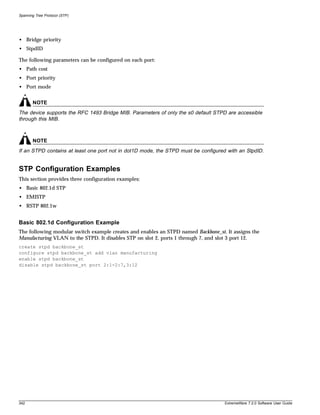 Spanning Tree Protocol (STP)




• Bridge priority
• StpdID

The following parameters can be configured on each port:
• Path cost
• Port priority
• Port mode


       NOTE
The device supports the RFC 1493 Bridge MIB. Parameters of only the s0 default STPD are accessible
through this MIB.



       NOTE
If an STPD contains at least one port not in dot1D mode, the STPD must be configured with an StpdID.


STP Configuration Examples
This section provides three configuration examples:
• Basic 802.1d STP
• EMISTP
• RSTP 802.1w


Basic 802.1d Configuration Example
The following modular switch example creates and enables an STPD named Backbone_st. It assigns the
Manufacturing VLAN to the STPD. It disables STP on slot 2, ports 1 through 7, and slot 3 port 12.
create stpd backbone_st
configure stpd backbone_st add vlan manufacturing
enable stpd backbone_st
disable stpd backbone_st port 2:1-2:7,3:12




342                                                                                 ExtremeWare 7.2.0 Software User Guide
 