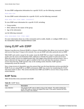 Extreme Standby Router Protocol




To view ESRP configuration information for a specific VLAN, use the following command:

show esrp vlan

To view ESRP counter information for a specific VLAN, use the following command:

show esrp vlan <vlan name> {counters}}

To view ESRP-aware information for a specific VLAN, including:

• Group number
• MAC address for the master of the group
• Age of the information

use the following command:

show esrp-aware vlan <vlan name>

For more information about any of the commands used to enable, disable, or configure ESRP, refer to
the ExtremeWare Software Command Reference Guide.



Using ELRP with ESRP
Extreme Loop Recovery Protocol (ELRP) is a feature of ExtremeWare that allows you to prevent, detect,
and recover from layer 2 loops in the network. You can use ELRP with other protocols such as ESRP.

With ELRP, each switch, except for the sender, treats the ELRP PDU as a layer 2 multicast packet. The
sender uses the source and destination MAC addresses to identify the packet it sends and receives.
When the sender receives its original packet back, that triggers loop detection and prevention. Once a
loop is detected, the loop recovery agent is notified of the event and takes the necessary actions to
recover from the loop. ELRP operates only on the sending switch; therefore, ELRP operates
transparently across the network.

How a loop recovers is dependent upon the protocol that uses the loop detection services provided by
ELRP. If you are using ELRP in an ESRP environment, ESRP may recover by transitioning the VLAN
state from master to slave. This section describes how ESRP uses ELRP to recover from a loop and the
switch behavior.


ELRP Terms
Table 50 describes terms associated with ELRP.


Table 50: ELRP Terms

Term                              Description
Loop detection                    The process ELRP uses to detect a loop in the network. The switch sending the
                                  ELRP PDU waits to receive its original PDU back. If the switch receives the PDU,
                                  there is a loop in the network.




364                                                                                                 ExtremeWare 7.2.0 Software User Guide
 