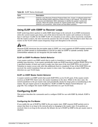 Using ELRP with ESRP




               Table 50: ELRP Terms (Continued)

               Term                      Description
               ELRP PDU                  Extreme Loop Recovery Protocol Protocol Data Unit. A layer 2 multicast packet that
                                         helps the sending switch determine if there is a loop in the network. The sender uses
                                         the source and destination MAC addresses to identify the packet it sends and
                                         receives. When the sender receives its original packet back, that triggers loop
                                         detection and prevention. (Also known as loop-detect packets.)



               Using ELRP with ESRP to Recover Loops
               ELRP sends loop-detect packets to notify ESRP about loops in the network. In an ESRP environment,
               when the current master goes down, one of the slaves becomes the master and continues to forward
               layer 2 and layer 3 traffic for the ESRP VLAN. If a situation occurs when a slave incorrectly concludes
               that the master is down, the slave incorrectly assumes the role of master. This introduces more than one
               master on the VLAN which causes temporary loops and disruption in the network.


                       NOTE
               Because ELRP introduces the pre-master state to ESRP, you must upgrade all ESRP-enabled switches
               within an ESRP domain to ExtremeWare 6.2.2b134 (or later) for ESRP to operate correctly. Earlier
               ExtremeWare releases do not recognize the pre-master state.


               ELRP on ESRP Pre-Master Switch Behavior
               A pre-master switch is an ESRP switch that is ready to transition to master, but is going through
               possible loop detection. A pre-master periodically sends out ELRP loop-detect packets (ELRP PDUs) for
               a specified number of times and waits to make sure that none of the sent ELRP PDUs are received.
               Transition to master occurs only after this additional check is completed. If any of the ELRP PDUs are
               received, the switch transitions from pre-master to slave state. You configure pre-master ELRP loop
               detection on a per VLAN basis.


               ELRP on ESRP Master Switch Behavior
               A master switch is an ESRP switch that sends ELRP PDUs on its VLAN ports. If the master switch
               receives an ELRP PDU that it sent, the master transitions to the slave. While in the slave state, the
               switch transitions to the pre-master state and periodically checks for loops prior to transitioning to the
               master. The pre-master process is described in “ELRP on ESRP Pre-Master Switch Behavior” on
               page 365. You configure the master ELRP loop detection on a per VLAN basis.


               Configuring ELRP
               This section describes the commands used to configure ELRP for use with ESRP. By default, ELRP is
               disabled.


               Configuring the Pre-Master
               If you enable the use of ELRP by ESRP in the pre-master state, ESRP requests ELRP packets sent to
               ensure that there is no loop in the network prior to changing to the master state. If no packets are
               received, there is no loop in the network. By default, the use of ELRP by ESRP in the pre-master state is
               disabled.




ExtremeWare 7.2.0 Software User Guide                                                                                        365
 