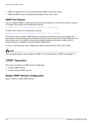 Virtual Router Redundancy Protocol




• VRRP and Spanning Tree can be simultaneously enabled on the same switch.
• VRRP and ESRP cannot be simultaneously enabled on the same switch.


VRRP Port Restart
You can configure VRRP to restart ports if those ports are members of a VLAN that becomes a backup.
To configure port restart, use the following command:
configure vlan <vlan name> add ports [<portlist> | all] restart

To disable port restart, use the following command:
configure vlan <vlan name> add ports [<portlist> | all] no-restart

If a VLAN becomes a backup, VRRP disconnects member ports that have port restart enabled. The
disconnection of these ports causes downstream devices to remove the ports from their FDB tables. This
feature allows you to use VRRP in networks that include equipment from other vendors. After 3
seconds the ports re-establish connection with the VRRP switch.

To remove a port from the restart configuration, delete the port from the VLAN and re-add it.


       NOTE
The port restart feature is also available for ESRP. For more information on ESRP, see Chapter 15.



VRRP Operation
This section describes two VRRP network configuration:
• A simple VRRP network
• A fully-redundant VRRP network


Simple VRRP Network Configuration
Figure 75 shows a simple VRRP network.




382                                                                                   ExtremeWare 7.2.0 Software User Guide
 