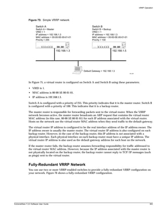 VRRP Operation




               Figure 75: Simple VRRP network

                       Switch A                                        Switch B
                       Switch A = Master                               Switch B = Backup
                       VRID = 1                                        VRID = 1
                       IP address = 192.168.1.3                        IP address = 192.168.1.3
                       MAC address = 00-00-5E-00-01-01                 MAC address = 00-00-5E-00-01-01
                       Priority = 255                                  Priority = 100



                                        192.168.1.3                                      192.168.1.5




                                                               Default Gateway = 192.168.1.3
                                                                                                         EW_067




               In Figure 75, a virtual router is configured on Switch A and Switch B using these parameters:

               • VRID is 1.
               • MAC address is 00-00-5E-00-01-01.
               • IP address is 192.168.1.3.

               Switch A is configured with a priority of 255. This priority indicates that it is the master router. Switch B
               is configured with a priority of 100. This indicates that it is a backup router.

               The master router is responsible for forwarding packets sent to the virtual router. When the VRRP
               network becomes active, the master router broadcasts an ARP request that contains the virtual router
               MAC address (in this case, 00-00-5E-00-01-01) for each IP address associated with the virtual router.
               Hosts on the network use the virtual router MAC address when they send traffic to the default gateway.

               The virtual router IP address is configured to be the real interface address of the IP address owner. The
               IP address owner is usually the master router. The virtual router IP address is also configured on each
               backup router. However, in the case of the backup router, this IP address is not associated with a
               physical interface. Each physical interface on each backup router must have a unique IP address. The
               virtual router IP address is also used as the default gateway address for each host on the network.

               If the master router fails, the backup router assumes forwarding responsibility for traffic addressed to
               the virtual router MAC address. However, because the IP address associated with the master router is
               not physically located on the backup router, the backup router cannot reply to TCP/IP messages (such
               as pings) sent to the virtual router.


               Fully-Redundant VRRP Network
               You can use two or more VRRP-enabled switches to provide a fully-redundant VRRP configuration on
               your network. Figure 76 shows a fully-redundant VRRP configuration.




ExtremeWare 7.2.0 Software User Guide                                                                                       383
 