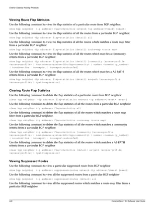 Exterior Gateway Routing Protocols




Viewing Route Flap Statistics
Use the following command to view the flap statistics of a particular route from BGP neighbor:
show bgp neighbor              <ip address> flap-statistics network <ip address>/<mask> {exact}
Use the following command to view the flap statistics of all the routes from a particular BGP neighbor:
show bgp neighbor <ip address> flap-statistics {detail} all
Use the following command to view the flap statistics of all the routes which matches a route map filter
from a particular BGP neighbor:
show bgp neighbor <ip address> flap-statistics {detail} route-map <route map>
Use the following command to view the flap statistics of all the routes which matches a community
criteria from a particular BGP neighbor:
show bgp neighbor <ip address> flap-statistics {detail} [community [access-profile
<access-profile> | <autonomous-system-id>:<bgp-community> | number <community_number>
| no-advertise | no-export | no-export-subconfed]
Use the following command to view the flap statistics of all the routes which matches a AS-PATH
criteria from a particular BGP neighbor:
show bgp neighbor <ip address> flap-statistics {detail} as-path [access-profile
<access-profile> | <path-expression]


Clearing Route Flap Statistics
Use the following command to delete the flap statistics of a particular route from BGP neighbor:
clear bgp neighbor              <ip address> flap-statistics network <ip address>/<mask> {exact}
Use the following command to delete the flap statistics of all the routes from a particular BGP neighbor:
clear bgp neighbor <ip address> flap-statistics all
Use the following command to delete the flap statistics of all the routes which matches a route map
filter from a particular BGP neighbor:
clear bgp neighbor <ip address> flap-statistics route-map <route map>
Use the following command to delete the flap statistics of all the routes which matches a community
criteria from a particular BGP neighbor:
clear bgp neighbor <ip address> flap-statistics [community [access-profile
<access-profile> | <autonomous-system-id>:<bgp-community> | number <community_number>
| no-advertise | no-export | no-export-subconfed]
Use the following command to delete the flap statistics of all the routes which matches a AS-PATH
criteria from a particular BGP neighbor
clear bgp neighbor <ip address> flap-statistics {detail} as-path [access-profile
<access-profile> | <path-expression]


Viewing Suppressed Routes
Use the following command to view a particular suppressed route from BGP neighbor
show bgp neighbor              <ip address> suppressed-routes network <ip address>/<mask> {exact}
Use the following command to view all the suppressed routes from a particular BGP neighbor
show bgp neighbor              <ip address> suppressed-routes {detail} all
Use the following command to view all the suppressed routes which matches a route-map filter from a
particular BGP neighbor




440                                                                                     ExtremeWare 7.2.0 Software User Guide
 