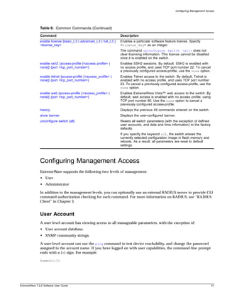 Configuring Management Access




               Table 6: Common Commands (Continued)

               Command                                              Description
               enable license [basic_L3 | advanced_L3 | full_L3 ]   Enables a particular software feature license. Specify
               <license_key>                                        <license_key> as an integer.
                                                                    The command unconfigure switch {all} does not
                                                                    clear licensing information. This license cannot be disabled
                                                                    once it is enabled on the switch.
               enable ssh2 {access-profile [<access profile> |      Enables SSH2 sessions. By default, SSH2 is enabled with
               none]} {port <tcp_port_number>}                      no access profile, and uses TCP port number 22. To cancel
                                                                    a previously configured access-profile, use the none option.
               enable telnet {access-profile [<access_profile> |    Enables Telnet access to the switch. By default, Telnet is
               none]} {port <tcp_port_number>}                      enabled with no access profile, and uses TCP port number
                                                                    23. To cancel a previously configured access-profile, use the
                                                                    none option.
               enable web {access-profile [<access_profile> |       Enables ExtremeWare Vista™ web access to the switch. By
               none]} {port <tcp_port_number>}                      default, web access is enabled with no access profile, using
                                                                    TCP port number 80. Use the none option to cancel a
                                                                    previously configured access-profile.
               history                                              Displays the previous 49 commands entered on the switch.
               show banner                                          Displays the user-configured banner.
               unconfigure switch {all}                             Resets all switch parameters (with the exception of defined
                                                                    user accounts, and date and time information) to the factory
                                                                    defaults.
                                                                    If you specify the keyword all, the switch erases the
                                                                    currently selected configuration image in flash memory and
                                                                    reboots. As a result, all parameters are reset to default
                                                                    settings.




               Configuring Management Access
               ExtremeWare supports the following two levels of management:
               • User
               • Administrator

               In addition to the management levels, you can optionally use an external RADIUS server to provide CLI
               command authorization checking for each command. For more information on RADIUS, see “RADIUS
               Client” in Chapter 3.


               User Account
               A user-level account has viewing access to all manageable parameters, with the exception of:
               • User account database.
               • SNMP community strings.

               A user-level account can use the ping command to test device reachability, and change the password
               assigned to the account name. If you have logged on with user capabilities, the command-line prompt
               ends with a (>) sign. For example:

               Summit1:2>




ExtremeWare 7.2.0 Software User Guide                                                                                               47
 
