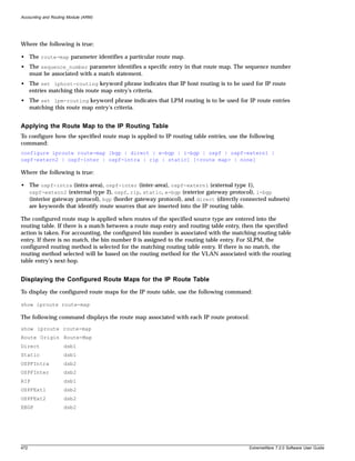 Accounting and Routing Module (ARM)




Where the following is true:

• The route-map parameter identifies a particular route map.
• The sequence_number parameter identifies a specific entry in that route map. The sequence number
  must be associated with a match statement.
• The set iphost-routing keyword phrase indicates that IP host routing is to be used for IP route
  entries matching this route map entry's criteria.
• The set lpm-routing keyword phrase indicates that LPM routing is to be used for IP route entries
  matching this route map entry's criteria.


Applying the Route Map to the IP Routing Table
To configure how the specified route map is applied to IP routing table entries, use the following
command:
configure iproute route-map [bgp | direct | e-bgp | i-bgp | ospf | ospf-extern1 |
ospf-extern2 | ospf-inter | ospf-intra | rip | static] [<route map> | none]

Where the following is true:

• The ospf-intra (intra-area), ospf-inter (inter-area), ospf-extern1 (external type 1),
  ospf-extern2 (external type 2), ospf, rip, static, e-bgp (exterior gateway protocol), i-bgp
  (interior gateway protocol), bgp (border gateway protocol), and direct (directly connected subnets)
  are keywords that identify route sources that are inserted into the IP routing table.

The configured route map is applied when routes of the specified source type are entered into the
routing table. If there is a match between a route map entry and routing table entry, then the specified
action is taken. For accounting, the configured bin number is associated with the matching routing table
entry. If there is no match, the bin number 0 is assigned to the routing table entry. For SLPM, the
configured routing method is selected for the matching routing table entry. If there is no match, the
routing method selected will be based on the routing method for the VLAN associated with the routing
table entry's next-hop.


Displaying the Configured Route Maps for the IP Route Table
To display the configured route maps for the IP route table, use the following command:

show iproute route-map

The following command displays the route map associated with each IP route protocol:
show iproute route-map
Route Origin Route-Map
Direct              dsb1
Static              dsb1
OSPFIntra           dsb2
OSPFInter           dsb2
RIP                 dsb1
OSPFExt1            dsb2
OSPFExt2            dsb2
EBGP                dsb2




472                                                                                     ExtremeWare 7.2.0 Software User Guide
 