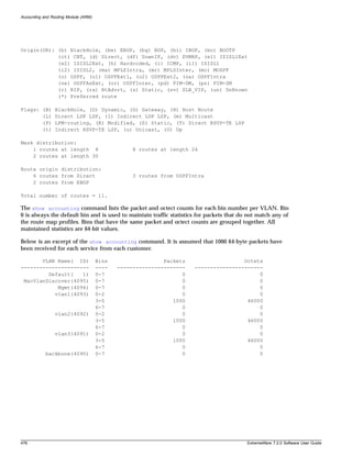 Accounting and Routing Module (ARM)




Origin(OR): (b) BlackHole, (be) EBGP, (bg) BGP, (bi) IBGP, (bo) BOOTP
            (ct) CBT, (d) Direct, (df) DownIF, (dv) DVMRP, (e1) ISISL1Ext
            (e2) ISISL2Ext, (h) Hardcoded, (i) ICMP, (i1) ISISL1
            (i2) ISISL2, (ma) MPLSIntra, (mr) MPLSInter, (mo) MOSPF
            (o) OSPF, (o1) OSPFExt1, (o2) OSPFExt2, (oa) OSPFIntra
            (oe) OSPFAsExt, (or) OSPFInter, (pd) PIM-DM, (ps) PIM-SM
            (r) RIP, (ra) RtAdvrt, (s) Static, (sv) SLB_VIP, (un) UnKnown
            (*) Preferred route

Flags: (B)      BlackHole, (D) Dynamic, (G) Gateway, (H) Host Route
       (L)      Direct LDP LSP, (l) Indirect LDP LSP, (m) Multicast
       (P)      LPM-routing, (R) Modified, (S) Static, (T) Direct RSVP-TE LSP
       (t)      Indirect RSVP-TE LSP, (u) Unicast, (U) Up

Mask distribution:
    1 routes at length 8                          8 routes at length 24
    2 routes at length 30

Route origin distribution:
    6 routes from Direct                          3 routes from OSPFIntra
    2 routes from EBGP

Total number of routes = 11.

The show accounting command lists the packet and octect counts for each bin number per VLAN. Bin
0 is always the default bin and is used to maintain traffic statistics for packets that do not match any of
the route map profiles. Bins that have the same packet and octect counts are grouped together. All
maintained statistics are 64-bit values.

Below is an excerpt of the show accounting command. It is assumed that 1000 64-byte packets have
been received for each service from each customer.

       VLAN Name( ID)                 Bins                  Packets                   Octets
----------------------                ----   ----------------------   ----------------------
         Default(   1)                0-7                         0                        0
 MacVlanDiscover(4095)                0-7                         0                        0
            Mgmt(4094)                0-7                         0                        0
           vlan1(4093)                0-2                         0                        0
                                      3-5                      1000                    46000
                                      6-7                         0                        0
                vlan2(4092)           0-2                         0                        0
                                      3-5                      1000                    46000
                                      6-7                         0                        0
                vlan3(4091)           0-2                         0                        0
                                      3-5                      1000                    46000
                                      6-7                         0                        0
            backbone(4090)            0-7                         0                        0




476                                                                                       ExtremeWare 7.2.0 Software User Guide
 