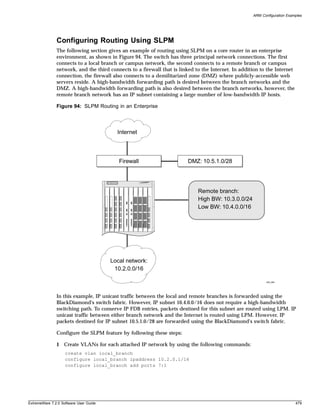 ARM Configuration Examples




               Configuring Routing Using SLPM
               The following section gives an example of routing using SLPM on a core router in an enterprise
               environment, as shown in Figure 94. The switch has three principal network connections. The first
               connects to a local branch or campus network, the second connects to a remote branch or campus
               network, and the third connects to a firewall that is linked to the Internet. In addition to the Internet
               connection, the firewall also connects to a demilitarized zone (DMZ) where publicly-accessible web
               servers reside. A high-bandwidth forwarding path is desired between the branch networks and the
               DMZ. A high-bandwidth forwarding path is also desired between the branch networks, however, the
               remote branch network has an IP subnet containing a large number of low-bandwidth IP hosts.

               Figure 94: SLPM Routing in an Enterprise




                                          Internet




                                           Firewall                     DMZ: 10.5.1.0/28




                                                                             Remote branch:
                                                                             High BW: 10.3.0.0/24
                                                                             Low BW: 10.4.0.0/16




                                        Local network:
                                         10.2.0.0/16

                                                                                                            EW_094




               In this example, IP unicast traffic between the local and remote branches is forwarded using the
               BlackDiamond's switch fabric. However, IP subnet 10.4.0.0/16 does not require a high-bandwidth
               switching path. To conserve IP FDB entries, packets destined for this subnet are routed using LPM. IP
               unicast traffic between either branch network and the Internet is routed using LPM. However, IP
               packets destined for IP subnet 10.5.1.0/28 are forwarded using the BlackDiamond's switch fabric.

               Configure the SLPM feature by following these steps:

               1 Create VLANs for each attached IP network by using the following commands:
                    create vlan local_branch
                    configure local_branch ipaddress 10.2.0.1/16
                    configure local_branch add ports 7:1




ExtremeWare 7.2.0 Software User Guide                                                                                      479
 