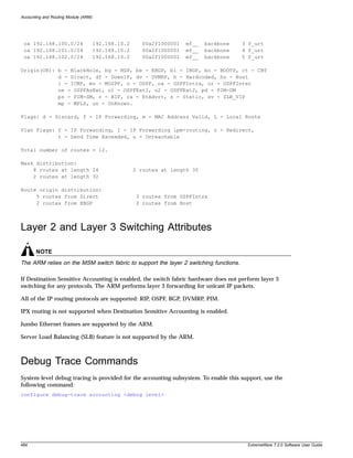 Accounting and Routing Module (ARM)




 oa 192.168.100.0/24                  192.168.10.2     00a2f1000001   mf__   backbone   3 f_urt
 oa 192.168.101.0/24                  192.168.10.2     00a2f1000001   mf__   backbone   4 f_urt
 oa 192.168.102.0/24                  192.168.10.2     00a2f1000001   mf__   backbone   5 f_urt

Origin(OR): b - BlackHole, bg - BGP, be - EBGP, bi - IBGP, bo - BOOTP, ct - CBT
            d - Direct, df - DownIF, dv - DVMRP, h - Hardcoded, ho - Host
            i - ICMP, mo - MOSPF, o - OSPF, oa - OSPFIntra, or - OSPFInter
            oe - OSPFAsExt, o1 - OSPFExt1, o2 - OSPFExt2, pd - PIM-DM
            ps - PIM-SM, r - RIP, ra - RtAdvrt, s - Static, sv - SLB_VIP
            mp - MPLS, un - UnKnown.

Flags: d - Discard, f - IP Forwarding, m - MAC Address Valid, L - Local Route

Vlan Flags: f - IP Forwarding, I - IP Forwarding lpm-routing, r - Redirect,
            t - Send Time Exceeded, u - Unreachable

Total number of routes = 12.

Mask distribution:
    8 routes at length 24                            2 routes at length 30
    2 routes at length 32

Route origin distribution:
     5 routes from Direct                            3 routes from OSPFIntra
     2 routes from EBGP                              2 routes from Host



Layer 2 and Layer 3 Switching Attributes

       NOTE
The ARM relies on the MSM switch fabric to support the layer 2 switching functions.

If Destination Sensitive Accounting is enabled, the switch fabric hardware does not perform layer 3
switching for any protocols. The ARM performs layer 3 forwarding for unicast IP packets.

All of the IP routing protocols are supported: RIP, OSPF, BGP, DVMRP, PIM.

IPX routing is not supported when Destination Sensitive Accounting is enabled.

Jumbo Ethernet frames are supported by the ARM.

Server Load Balancing (SLB) feature is not supported by the ARM.



Debug Trace Commands
System-level debug tracing is provided for the accounting subsystem. To enable this support, use the
following command:
configure debug-trace accounting <debug level>




484                                                                                      ExtremeWare 7.2.0 Software User Guide
 