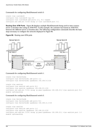 Asynchronous Transfer Mode (ATM) Module




Commands for configuring BlackDiamond switch 3:

create vlan customerB
configure vlan customerB tag 102
configure vlan customerB add ports 1:1, 8:1 tagged
configure atm add pvc 5/102 encap l2 vlan customerB port 1:1

Routing Over ATM Ports. Figure 96 displays multiple BlackDiamonds being used to inter-connect
server co-location sites using an ATM PVC. In this example, the customer has leased an ATM PVC
between the different server co-location sites. The following configuration commands describe the basic
steps necessary to configure the network displayed in Figure 96.

Figure 96: Routing over ATM ports


      Server farm A                                                                                 Server farm B




      192.168.9.1                                                                                           192.168.11.1

            BlackDiamond 1                                                                  BlackDiamond 2
            1   2   3   4   A   B   5   6   7   8                                           1   2   3   4   A   B   5   6   7   8



                                                    8:1                              1:1
      1:1                                                                                                                           8:1
                                                    PVC 5/101       ATM        PVC 5/101
                                                    192.168.10.1             192.168.10.2
                                                                   network

                                                                                                                                    ATM_012




Commands for configuring BlackDiamond switch 1:

create vlan Serverfarma
configure vlan Serverfarma add ports 1:1
configure vlan Serverfarma ipaddress 192.168.9.1/24

create vlan wanLink
configure vlan wanLink add ports 8:1
configure vlan wanLink ipaddress 192.168.10.1/24
configure atm add pvc 5/101 encap ip peer-ipaddress 192.168.10.2 vlan wanLink port 8:1
enable ipforwarding

Commands for configuring BlackDiamond switch 2:

create vlan Serverfarmb
configure vlan Serverfarmb add ports 8:1
configure vlan Serverfarmb ipaddress 192.168.11.1/24

create vlan wanLink
configure vlan wanLink add ports 1:1
configure vlan wanLink ipaddress 192.168.10.2/24
configure atm add pvc 5/101 encap ip peer-ipaddress 192.168.10.1 vlan wanLink port 1:1
enable ipforwarding




494                                                                                                                                       ExtremeWare 7.2.0 Software User Guide
 