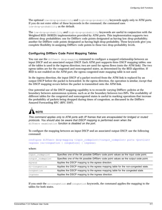 Configuring QoS Functions




               The optional low-drop-probability and high-drop-probability keywords apply only to ATM ports.
               If you do not enter either of these keywords in the command, the command uses
               low-drop-probability as the default.

               The low-drop-probability and high-drop-probability keywords are useful in conjunction with the
               Weighted RED (WRED) implementation provided by ATM ports. This implementation supports two
               different drop probabilities: one for DiffServ code points designated as having low drop-probability;
               another for DiffServ code points designated as having high drop-probability. These keywords give you
               complete flexibility in assigning DiffServ code points to these two drop-probability levels.


               Configuring DiffServ Code Point Mapping Tables
               You can use the diffserv dscp-mapping command to configure a mapped relationship between an
               input DSCP and an associated output DSCP. Each ATM port supports three DSCP mapping tables: one
               of the tables is used in the ingress direction; two are used for egress flows (onto the ATM link). The two
               egress tables are for the congested and noncongested states, as determined by the RED algorithm. If
               RED is not enabled on the ATM port, the egress congested-state mapping table is not used.

               In the ingress direction, the input DSCP of a packet received from the ATM link is replaced by an
               output DSCP before the packet is forwarded. In the egress direction, the operation is similar, except that
               the DSCP mapping occurs before the packet is transmitted onto the ATM link.

               One potential use of the DSCP mapping capability is to reconcile varying DiffServ policies at the
               boundary between autonomous systems, such as at the boundary between two ISPs. The availability of
               different tables for the congested and noncongested states is useful in marking operations that increase
               the probability of packets being dropped during times of congestion, as discussed in the DiffServ
               Assured Forwarding RFC (RFC 2597).


                       NOTE
               This command applies only to ATM ports with IP frames that are encapsulated for bridged or routed
               protocols. You should also be aware that DSCP mapping is performed even when the
               diffserv examination function is disabled on the port.


               To configure the mapping between an input DSCP and an associated output DSCP, use the following
               command:

               configure diffserv dscp-mapping <input_codepoint>/<output_codepoint> ports <portlist>
               {egress {no-congestion | congestion} | ingress}

               where:

               input_codepoint          Specifies one of the 64 possible DiffServ code point values as the input code point.
               output_codepoint         Specifies one of the 64 possible DiffServ code point values as the output code point.
               egress                   Applies the DSCP mapping to the egress direction.
               no-congestion            Applies the DSCP mapping to the egress mapping table for the non-congested state.
               congestion               Applies the DSCP mapping to the egress mapping table for the congested state.
               ingress                  Applies the DSCP mapping to the ingress direction.


               If you omit the no-congestion and congestion keywords, the command applies the mapping to the
               tables for both states.




ExtremeWare 7.2.0 Software User Guide                                                                                            511
 