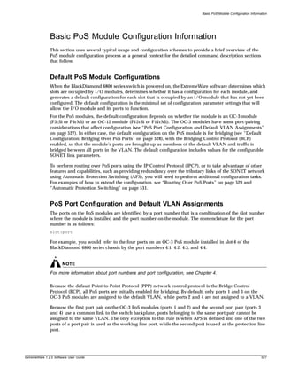 Basic PoS Module Configuration Information




               Basic PoS Module Configuration Information
               This section uses several typical usage and configuration schemes to provide a brief overview of the
               PoS module configuration process as a general context for the detailed command description sections
               that follow.


               Default PoS Module Configurations
               When the BlackDiamond 6800 series switch is powered on, the ExtremeWare software determines which
               slots are occupied by I/O modules, determines whether it has a configuration for each module, and
               generates a default configuration for each slot that is occupied by an I/O module that has not yet been
               configured. The default configuration is the minimal set of configuration parameter settings that will
               allow the I/O module and its ports to function.
               For the PoS modules, the default configuration depends on whether the module is an OC-3 module
               (P3cSi or P3cMi) or an OC-12 module (P12cSi or P12cMi). The OC-3 modules have some port-pairing
               considerations that affect configuration (see “PoS Port Configuration and Default VLAN Assignments”
               on page 527). In either case, the default configuration on the PoS module is for bridging (see “Default
               Configuration: Bridging Over PoS Ports” on page 528), with the Bridging Control Protocol (BCP)
               enabled, so that the module’s ports are brought up as members of the default VLAN and traffic is
               bridged between all ports in the VLAN. The default configuration includes values for the configurable
               SONET link parameters.

               To perform routing over PoS ports using the IP Control Protocol (IPCP), or to take advantage of other
               features and capabilities, such as providing redundancy over the tributary links of the SONET network
               using Automatic Protection Switching (APS), you will need to perform additional configuration tasks.
               For examples of how to extend the configuration, see “Routing Over PoS Ports” on page 529 and
               “Automatic Protection Switching” on page 531.


               PoS Port Configuration and Default VLAN Assignments
               The ports on the PoS modules are identified by a port number that is a combination of the slot number
               where the module is installed and the port number on the module. The nomenclature for the port
               number is as follows:
               slot:port

               For example, you would refer to the four ports on an OC-3 PoS module installed in slot 4 of the
               BlackDiamond 6800 series chassis by the port numbers 4:1, 4:2, 4:3, and 4:4.


                       NOTE
               For more information about port numbers and port configuration, see Chapter 4.

               Because the default Point-to-Point Protocol (PPP) network control protocol is the Bridge Control
               Protocol (BCP), all PoS ports are initially enabled for bridging. By default, only ports 1 and 3 on the
               OC-3 PoS modules are assigned to the default VLAN, while ports 2 and 4 are not assigned to a VLAN.

               Because the first port pair on the OC-3 PoS modules (ports 1 and 2) and the second port pair (ports 3
               and 4) use a common link to the switch backplane, ports belonging to the same port pair cannot be
               assigned to the same VLAN. The only exception to this rule is when APS is defined and one of the two
               ports of a port pair is used as the working line port, while the second port is used as the protection line
               port.




ExtremeWare 7.2.0 Software User Guide                                                                                           527
 