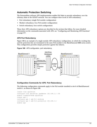 Basic PoS Module Configuration Information




               Automatic Protection Switching
               The ExtremeWare software APS implementation enables PoS links to provide redundancy over the
               tributary links of the SONET network. You can configure three levels of APS redundancy:
               • Port redundancy (single PoS module configuration)
               • Module redundancy (two PoS module configuration)
               • Switch redundancy (two switch configuration)

               These three APS redundancy options are described in the sections that follow. For more detailed
               information on the commands associated with APS, see “Configuring and Monitoring APS Functions”
               on page 577.


               APS Port Redundancy
               Figure 100 is an example of a single-module APS redundancy configuration, in which the working line
               and the protection line are terminated in the same PoS module in the BlackDiamond 6800 series switch.
               This configuration provides simple protection against line failures.

               Figure 100: APS configuration, port redundancy

                                                                        Add-Drop
                 BlackDiamond 1                                         Multiplexer                 BlackDiamond 2
                  1   2   3   4   A   B   5   6   7   8
                                                                         (ADM)                      1   2   3   4   A     B   5   6   7     8

                                                          8:1
                                                          (Working line)


                                                          8:2                         SONET
                                                          (Protection                  ring
                                                           line)                              1:4




                                                                                                                                          PoS_007




               Configuration Commands for APS: Port Redundancy
               The following configuration commands apply to the PoS module installed in slot 8 of BlackDiamond
               switch 1, as shown in Figure 100.

               create vlan apslbvlan
               configure vlan apslbvlan ipaddress 192.168.1.1 /30
               enable loopback-mode apslbvlan
               create aps 1
               configure aps 1 add 8:1 working
               configure aps 1 add 8:2 protection 192.168.1.1
               enable aps




ExtremeWare 7.2.0 Software User Guide                                                                                                                         531
 