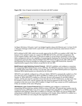 Configuring and Monitoring PPP Functions




               Figure 104: View of logical connectivity to PoS ports with BCP enabled




                         1         2        3    4        A    B        5     6       7         8


                                                      IP Router
                                        192.168.9.1                                  192.168.10.1

                                                VLAN x                            VLAN y


                                                PPP-BCP       PPP-BCP             PPP-BCP
                                 Ethernet
                                                  PoS           PoS                 PoS
                                  port 1         port 1        port 3              port n



                                                                                                         PoS_022




               As Figure 104 shows, PoS ports 1 and 3 are bridged together along with Ethernet port 1 to form VLAN
               x, PoS port 3 belongs to both VLAN x and VLAN y, and routed connectivity exists between VLAN x
               and VLAN y.

               BCP is defined in RFC 2878, which was recently approved by the IETF as an update to RFC 1638. Two
               features of the updated version are: support for IEEE 802.1Q VLANs, and inline management. The
               VLAN support enables a BCP entity to advertise its ability to accept frames containing a VLAN tag.
               Inline management refers to the capability of transporting the Spanning Tree Protocol and other bridge
               management protocols inline using the Bridged Data PPP Protocol ID (previously, RFC 1638 specified
               that Spanning Tree Protocol messages be transported using a unique PPP Protocol ID). Extreme's
               implementation supports these features as specified in the new RFC.

               MultiProtocol Label Switching Control Protocol. MPLSCP establishes and configures a connection
               for transporting MPLS labeled frames across a PPP link. The MPLSCP connection must be established
               successfully before data traffic can flow over the link. Only unicast MPLS labeled packets are supported.
               Multicast MPLS labeled packets are discarded by the PoS port.

               MPLSCP is not explicitly configured on a PoS port. Rather, MPLSCP is automatically enabled on a PoS
               port when the port is configured for IPCP, and MPLS is enabled on the VLAN that the PoS port is a
               member of. When MPLSCP is enabled on a PoS port, the port will transport IP and MPLS labeled
               packets, and the port must be a member of one and only one VLAN. Furthermore, no other ports may
               be members of this VLAN, and IP routing is the only protocol supported on the VLAN. The one
               exception to this rule occurs when APS is enabled. A single VLAN may contain two IPCP-enabled ports
               if they are members of the same APS group.

               OSI Network Layer Control ProtocolOSINLCP establishes and configures a connection for
               transporting OSI network layer packets (NPDUs) across a PPP link. OSI network layer packets may be
               transported across a PPP link in one of two ways: as bridged data using BCP or as NPDUs over the link
               negotiated with OSINLCP. When BCP is enabled on a PoS port, OSI NPDUs are sent as bridged data
               encapsulated in IEEE 802.3 framed packets containing an LLC header. When OSINLCP is enabled on a
               PoS port, OSI NPDUs are sent using the link negotiated with OSINLCP.




ExtremeWare 7.2.0 Software User Guide                                                                                           543
 