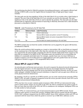 About MPLS




               The partitioning described in Table 84 maximizes forwarding performance, and supports efficient load
               sharing of MPLS traffic across the Gigabit Ethernet backplane links of high-speed input/output
               modules.

               The data path uses the least significant 16 bits of the label (bits 0-15) as an index when a label lookup is
               required. The next 2 bits of the label (bits 16-17) are currently not used by the data path. The most
               significant 2 bits of the label (bits 18-19) are used to identify the partition. The data path uses the label
               partition bits in conjunction with the bottom-of-stack flag to efficiently determine how a label should be
               processed, as described in Table 85.


               Table 85: Label Processing by the NP Data Path

               Partition                Bottom-of-stack   Label Processing
               LSR                      Don’t Care        Perform label lookup.
               IP                       Yes               Remove MPLS header and perform normal IP forwarding.
               TLS                      Yes               Remove MPLS header and parse encapsulated Ethernet frame as if it
                                                          were received.
               IP or TLS                No                Pop the label and repeat processing on the next label.


               The MPLS module does not limit the number of labels that can be popped by the egress LSR function,
               as indicated in Table 85.

               When the switch performs label swapping as a transit or intermediate LSR, no hard limits are imposed
               on the maximum size of the label stack, other than the constraint of not exceeding the maximum frame
               size supported by the physical links comprising the LSP. You should enable jumbo frame support on the
               ports that are members of an MPLS VLAN. The jumbo frame size should be set to accommodate the
               addition of a maximally-sized label stack. For example, a jumbo frame size of at least 1530 bytes is
               needed to support a two-level label stack on a tagged Ethernet port and a jumbo frame size of at least
               1548 bytes is needed to support a TLS encapsulated MPLS frame.


               About MPLS Layer-2 VPNs
               As networks grow and become more pervasive, the need to separate the physical network infrastructure
               from the logical network or VLAN organization has become increasingly important. By logically
               separating the network topology from the service provided by the physical network, services are more
               easily managed, reliability through increased redundancy is improved, and you gain more efficient use
               of the physical network infrastructure.

               By mapping a VLAN to a specific set of MPLS tunnels, you can create virtual private networks (VPNs).
               Within a VPN, all traffic is opaquely transported across the service provider network. Each VPN can be
               managed and provisioned independently.

               VPNs may have two or more customer points of presence (PoP). All PoPs are interconnected using
               point-to-point tunnels. If there are two PoPs in the VPN, the VPN is considered to be point-to-point. If
               there are more than two PoPs in the VPN, the VPN is considered to be multipoint. Multipoint VPNs can
               be fully-meshed or hub-and-spoke.

               Layer-2 VPNs are constructed from a set of interconnected point-to-point MPLS tunnels. Tunnel
               endpoint nodes operate as virtual VPN switches, bridging traffic between tunnels and the local egress
               VLAN. MAC caching is integrated into the MPLS module. Source MAC addresses within each VPN are
               associated with the tunnel from which the packet is received. Up to 256K MAC addresses can be




ExtremeWare 7.2.0 Software User Guide                                                                                         627
 