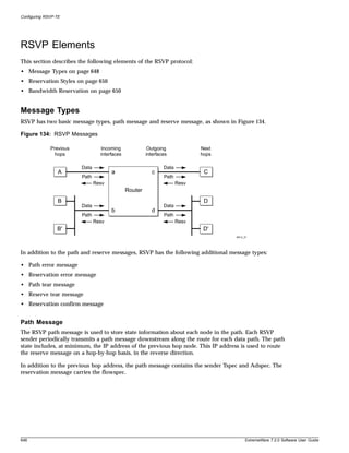 Configuring RSVP-TE




RSVP Elements
This section describes the following elements of the RSVP protocol:
• Message Types on page 648
• Reservation Styles on page 650
• Bandwidth Reservation on page 650


Message Types
RSVP has two basic message types, path message and reserve message, as shown in Figure 134.

Figure 134: RSVP Messages

              Previous             Incoming              Outgoing             Next
                hops              interfaces            interfaces            hops

                         Data                                   Data
                  A                    a                  c                    C
                         Path                                   Path
                                Resv                                   Resv
                                               Router
                  B                                                            D
                         Data                                   Data
                                       b                  d
                         Path                                   Path
                                Resv                                   Resv
                 B'                                                            D'
                                                                                     MPLS_27




In addition to the path and reserve messages, RSVP has the following additional message types:

• Path error message
• Reservation error message
• Path tear message
• Reserve tear message
• Reservation confirm message


Path Message
The RSVP path message is used to store state information about each node in the path. Each RSVP
sender periodically transmits a path message downstream along the route for each data path. The path
state includes, at minimum, the IP address of the previous hop node. This IP address is used to route
the reserve message on a hop-by-hop basis, in the reverse direction.

In addition to the previous hop address, the path message contains the sender Tspec and Adspec. The
reservation message carries the flowspec.




648                                                                                        ExtremeWare 7.2.0 Software User Guide
 
