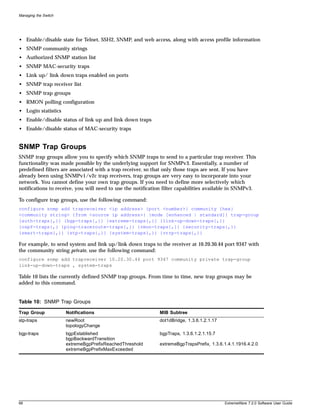 Managing the Switch




• Enable/disable state for Telnet, SSH2, SNMP, and web access, along with access profile information
• SNMP community strings
• Authorized SNMP station list
• SNMP MAC-security traps
• Link up/ link down traps enabled on ports
• SNMP trap receiver list
• SNMP trap groups
• RMON polling configuration
• Login statistics
• Enable/disable status of link up and link down traps
• Enable/disable status of MAC-security traps


SNMP Trap Groups
SNMP trap groups allow you to specify which SNMP traps to send to a particular trap receiver. This
functionality was made possible by the underlying support for SNMPv3. Essentially, a number of
predefined filters are associated with a trap receiver, so that only those traps are sent. If you have
already been using SNMPv1/v2c trap receivers, trap groups are very easy to incorporate into your
network. You cannot define your own trap groups. If you need to define more selectively which
notifications to receive, you will need to use the notification filter capabilities available in SNMPv3.

To configure trap groups, use the following command:
configure snmp add trapreceiver <ip address> {port <number>} community {hex}
<community string> {from <source ip address>} {mode [enhanced | standard]} trap-group
{auth-traps{,}} {bgp-traps{,}} {extreme-traps{,}} {link-up-down-traps{,}}
{ospf-traps{,} {ping-traceroute-traps{,}} {rmon-traps{,}} {security-traps{,}}
{smart-traps{,}} {stp-traps{,}} {system-traps{,}} {vrrp-traps{,}}

For example, to send system and link up/link down traps to the receiver at 10.20.30.44 port 9347 with
the community string private, use the following command:
configure snmp add trapreceiver 10.20.30.44 port 9347 community private trap-group
link-up-down-traps , system-traps

Table 10 lists the currently defined SNMP trap groups. From time to time, new trap groups may be
added to this command.


Table 10: SNMP Trap Groups

Trap Group            Notifications                          MIB Subtree
stp-traps             newRoot                                dot1dBridge, 1.3.6.1.2.1.17
                      topologyChange
bgp-traps             bgpEstablished                         bgpTraps, 1.3.6.1.2.1.15.7
                      bgpBackwardTransition
                      extremeBgpPrefixReachedThreshold       extremeBgpTrapsPrefix, 1.3.6.1.4.1.1916.4.2.0
                      extremeBgpPrefixMaxExceeded




66                                                                                         ExtremeWare 7.2.0 Software User Guide
 